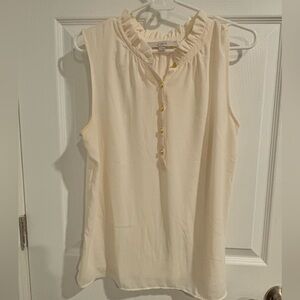 Loft Beige Ruffle Mixed Media Shell